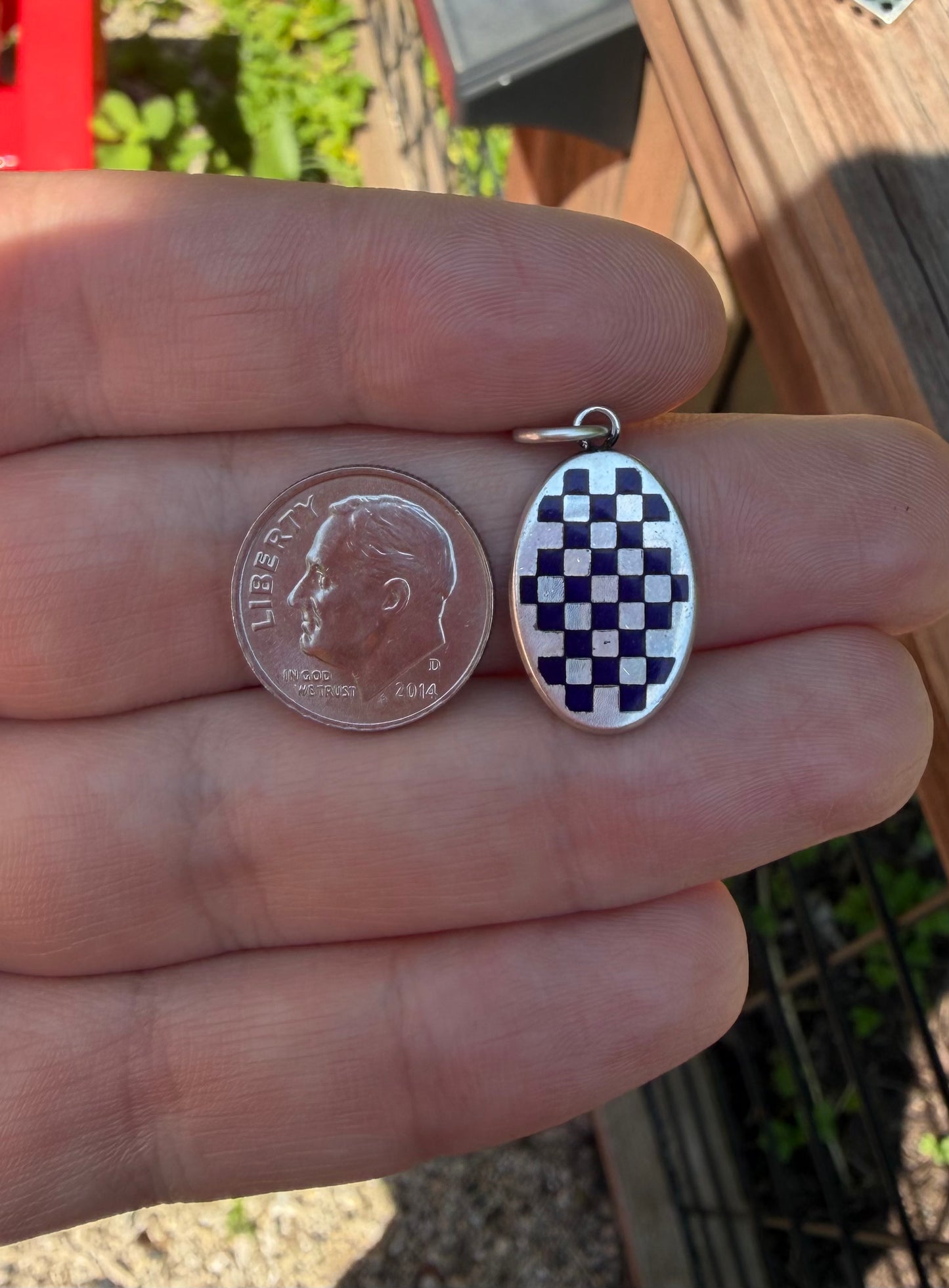 Sterling and Blue Enamel Oval Checkerboard