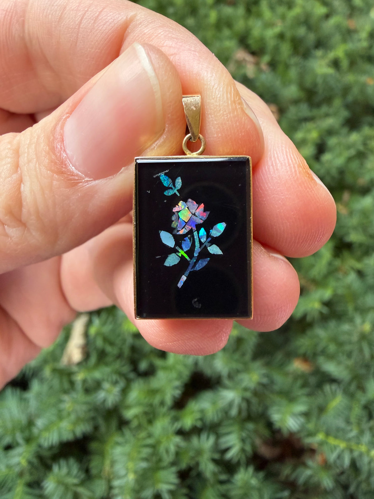 Vintage Opal and Onyx Flower Pendant