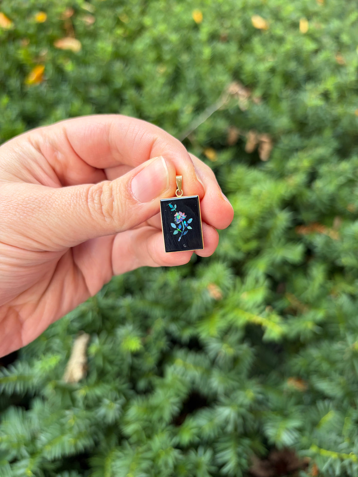 Vintage Opal and Onyx Flower Pendant