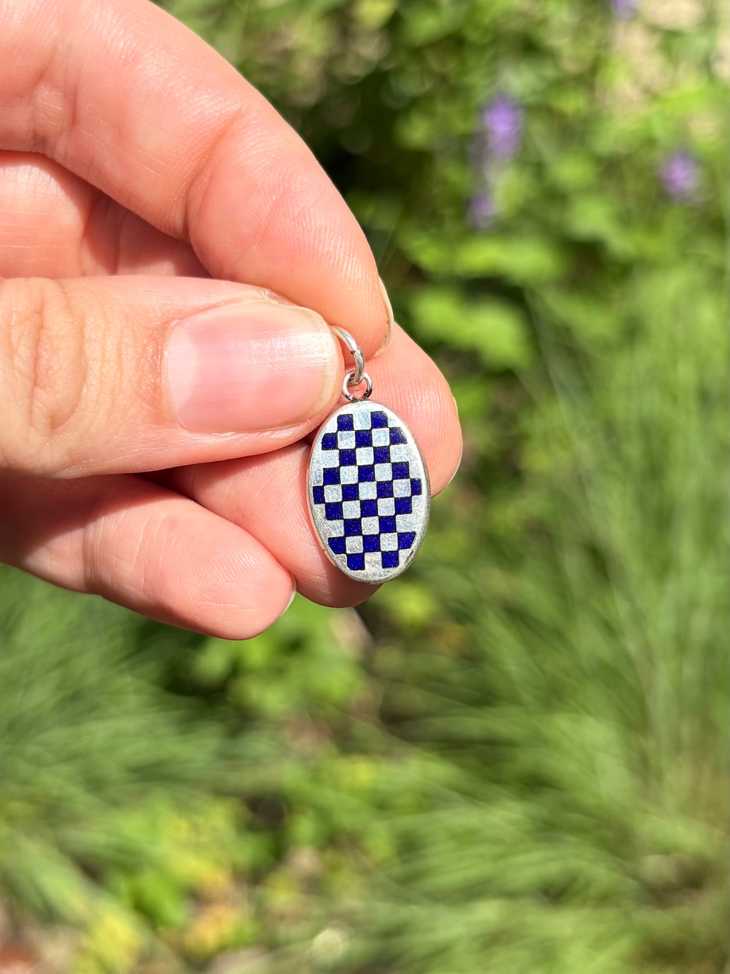 Sterling and Blue Enamel Oval Checkerboard
