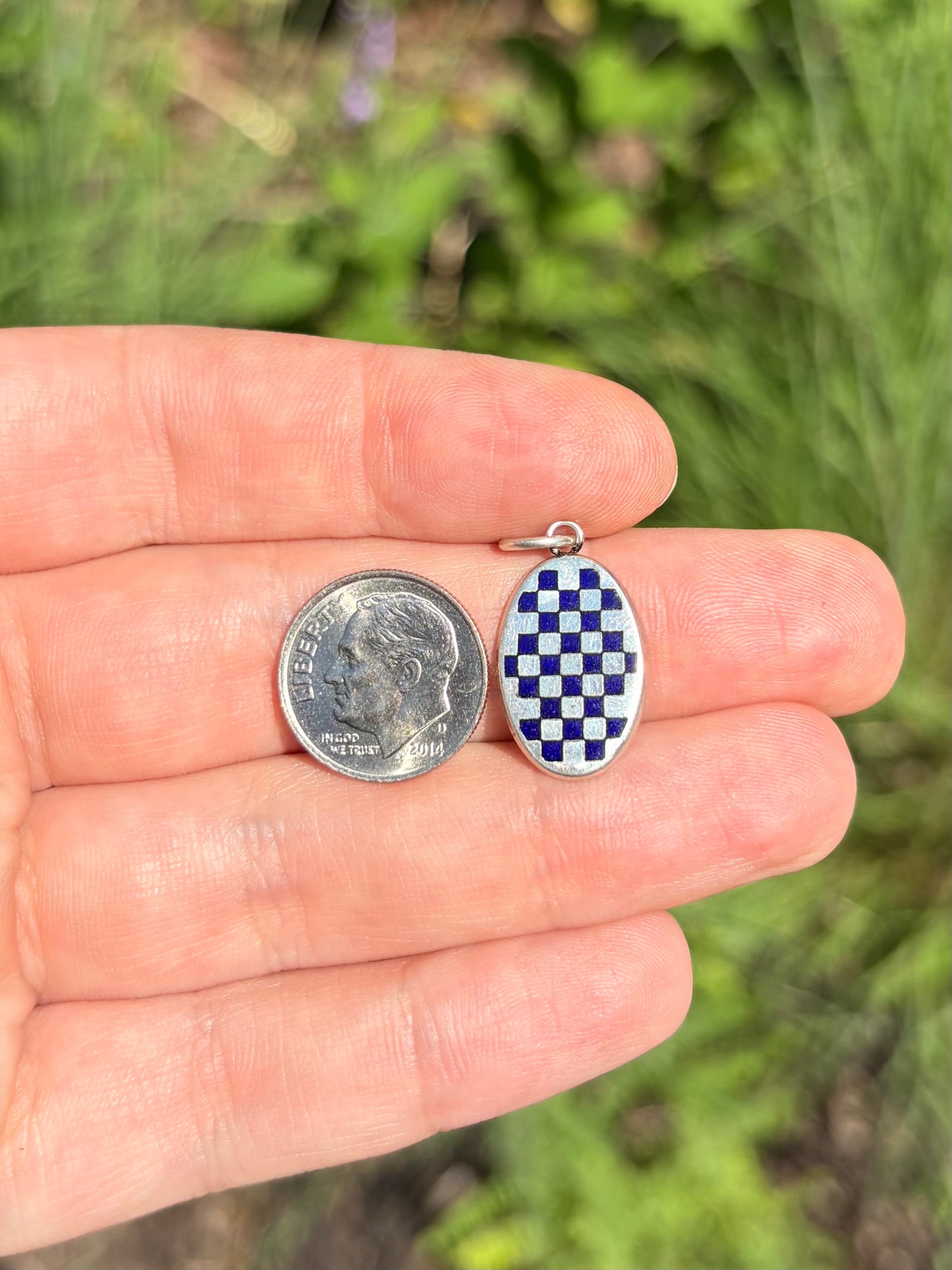 Sterling and Blue Enamel Oval Checkerboard